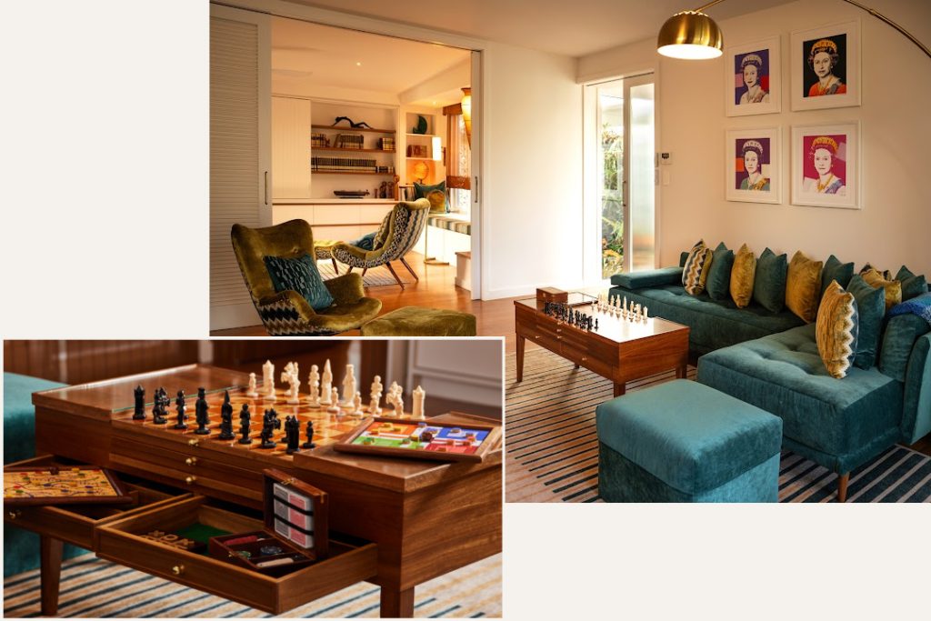 Jaspers Meadows games lounge with couch and chess table